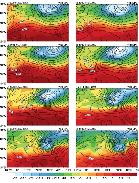 Fig. 3: The horizontal distribution of 700 hPa height contour in 20 m interval and temperature (color) during the period 22/00 to 25/12 March 2003