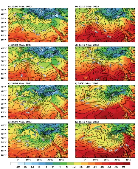 Fig.4: The horizontal distribution of Mean Sea Level Pressure and temperature (color) for control simulation during the period 22/00 to 25/12 March 2003