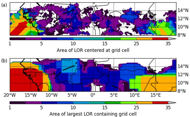 FIG. 7. Area of interannual LOR (found at the 80% conﬁdence interval) (a) centered at and(b) containing each grid cell