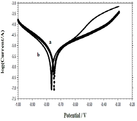 Table 3. Corrosion parameters of carbon steel immersed in sea water in the presence and absence of inhibitor obtained by polarization method