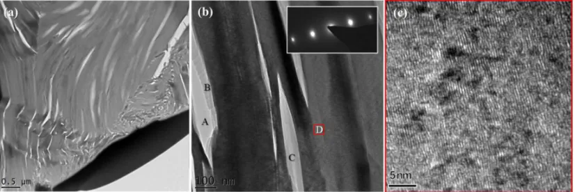 Figure 3 (a) relatively low magnification and (b) medium magnification TEM images of intra-granular microcracks within the 