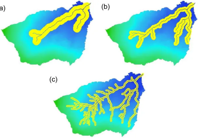 Figure 3. Scenarios of 20% area buffer strips matching different river channel networks determined by three accumulative upslope areadeﬁnitions for the Trout Beck catchment; (a) 3000 cell cumulative area, (b) 1000 cell cumulative area, and (c) 250 cell cumulative area.