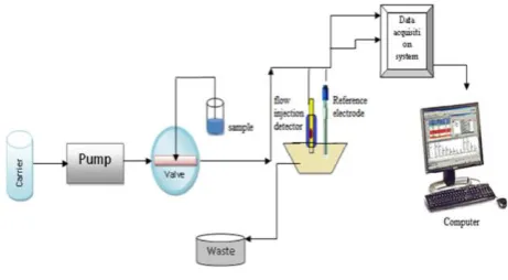 Figure 2. FIA manifold for the evaluation of camylofin. A 0.05 mol L-1 carrier citrate buffer solution pH 4.5; loop sample 100 μL; and flow rate 3 mL min-1 