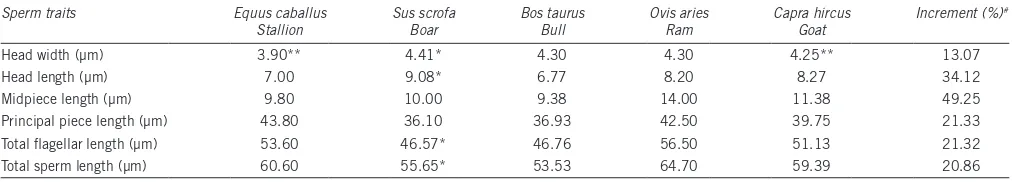 Table 3: Sperm dimensions of some domestic mammalian species (data collected from Tourmente et al.39)