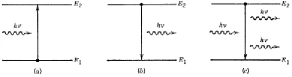 Fig. (1) Three fundamental processes occurring between the two energy states of an atom:   (a) absorption; (b) spontaneous emission; and (c) stimulated emission