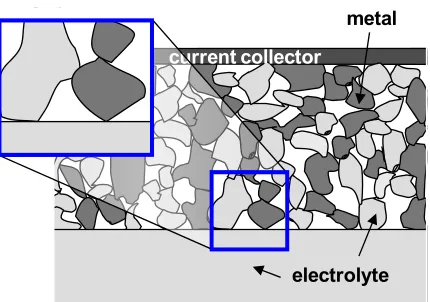 Figure 1.3   Schematic of a typical composite electrode comprised of electrolyte and catalyst/electronically-conducting particles in a porous network