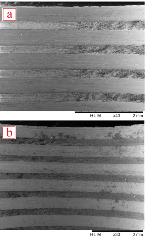 FigureFigure 9. 9.  SEM images of the upper borehole surface condition of holes under (SEM images of the upper borehole surface condition of holes under (aa) MQL and () MQL and (bb) dry.) dry.