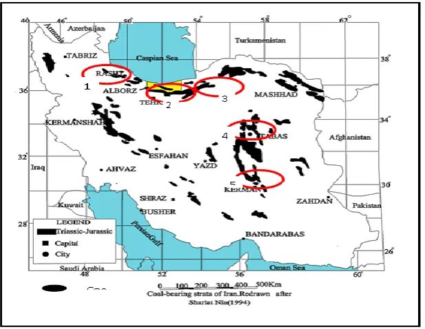 Fig.  1. The Mazino coal deposit in the Tabas coalfield, in central Iran (1-Lushan coalfield in Western Alborz zone; 2-Zirab coalfield in Central Alborz zone; 3-Shahroud coalfield in Eastern Alborz zone; 4- Tabas coalfield in Central Iran zone; 5- Kerman coalfield in Central Iran zone)  