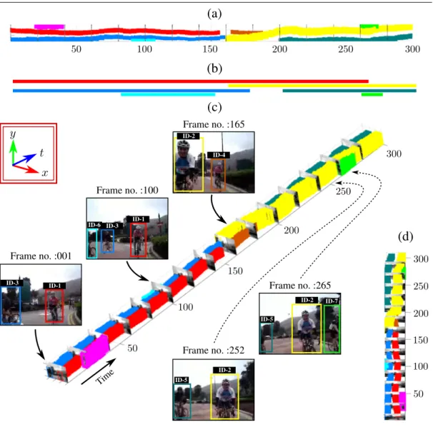 Figure 5.2: Action tube detection in a ‘biking’ video taken from UCF-101 [17]. (a) Side view of the detected action tubes where each colour represents a particular  in-stance