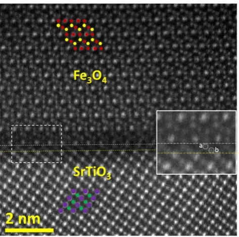 Figure 2. HAADF STEM image of the Fe3O4 film and SrTiO3 substrate viewed along the [−110] and [1−10]zone axis, respectively