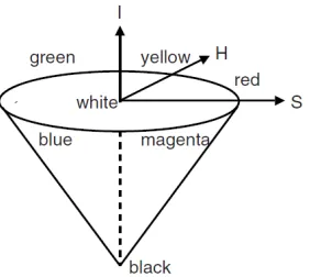 Figure (1)  [ 5]. Shows the perceptual color spaces. It has a cone shape where the central axis represents the intensity