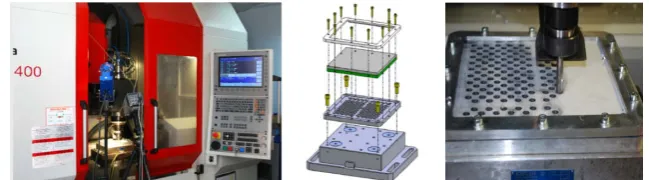 Figure 1. Kondia Five 400 (left). Detail of tooling (center). CFRP drilling process (right)