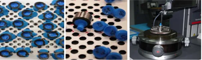 Figure 2. Resin curing process inside the holes (left). Samples for cylincricity measurement (cen-ter)