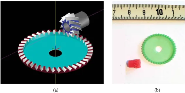 Figure 4. Helicon gear drive with offset 4 mm, gear ratio 40:10 (axial module 0. 5 mm): (a) 3D CAD model; (b) 3D printed model (the shown scale is in mm)