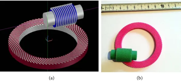 Figure 8. Helicon gear drive with offset 17 mm, gear ratio 41:2 (axial module 0. 937 mm): (a) 3D CAD model; (b) 3D printed model (the shown scale is in mm)