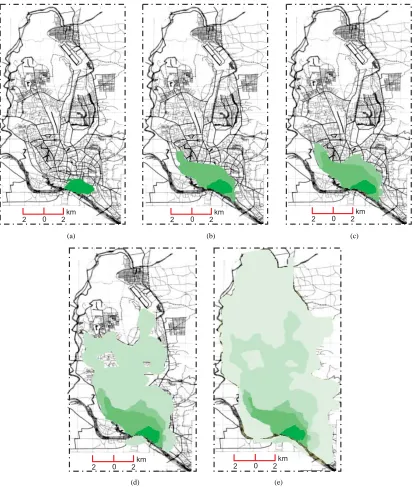 Figure 3. Growth and expansion of Dhaka city in the scale of time under five major periods: (a) Pre-Mughal period (before 1604), (b) 