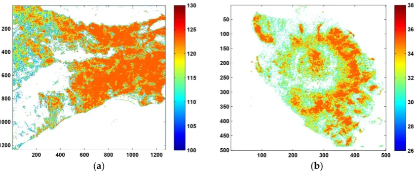 Figure 4.Figure 4. Number of interferograms used at every pixel of the two test sites when using G-NSBAS; color map denotes the number of interferograms; x-y axes denote the radar coordinates (range and azimuth directions respectively)