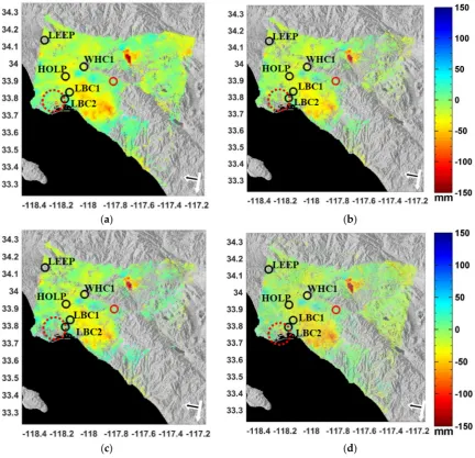 Figure 6. Reconstructed total displacement of LA test site for period 1995–2000. The red marker The white arrow indicates the satellite ﬂight direction and black arrow outlined by white color denotesFigure 6.denotes the area used as the spatial reference