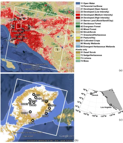 Figure 2. Location of the two test sites (LA site and Okmok site) and GPS stations [47,49] (black circles), as well as the corresponding land cover information that is generated from National Land Cover Database 2006 (NLCD 2006) [46]