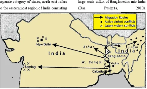 Figure 1. Migration Routes from Bangladesh to India and Sites of Actual and Potential Conflict