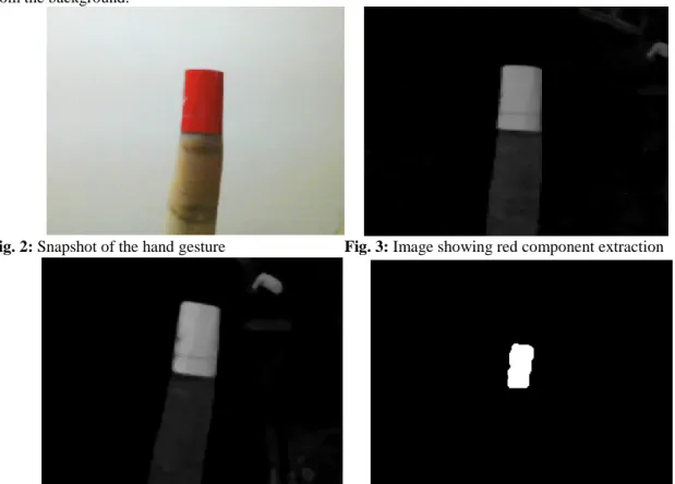 Fig. 2: Snapshot of the hand gesture                                  Fig. 3: Image showing red component extraction 