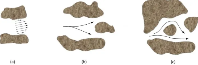 Figure 6. Different types of mechanical dispersion phenomena: the velocity profile developed due to the no-slip boundary condition (a) leads to a longitudinal spreading of the compo-nent (Taylor diffusion); the stream splitting in (b) leads to a transversa
