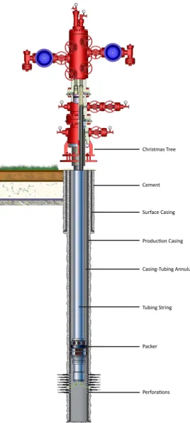 Figure 7. Schematic representation (out of scale) of a single-zone, conven-tional oil well (adapted from [84])