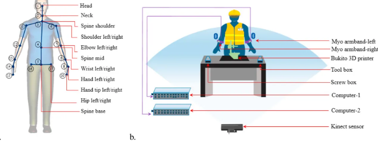 Fig. 1. The multimodal sensor system: (a) tracked skeletal joints and (b) setup of the sensor system.