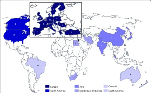 Fig. 2 World map illustrating the distribution of recruiting sites for all included studies, inspired by the World Health Organization (WHO) regional