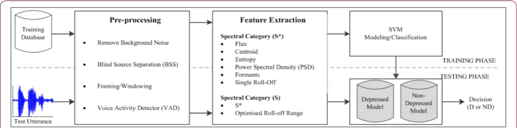 Figure 1: Flow chart framework for acoustic depression recognition procedure including an outline of the three main stages: pre-processing, feature extraction and SVM modeling/classification