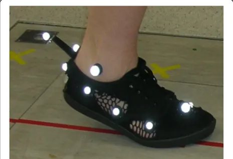 Fig. 1 Depicts the webbed upper of the modified shoe during gaitanalysis with the Oxford multi-segment foot model marker set in situ