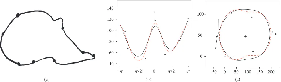 Figure 7: (a) Face data; (b) polar coordinate data with fitted spline curves; (c) back-transformed fitted curves