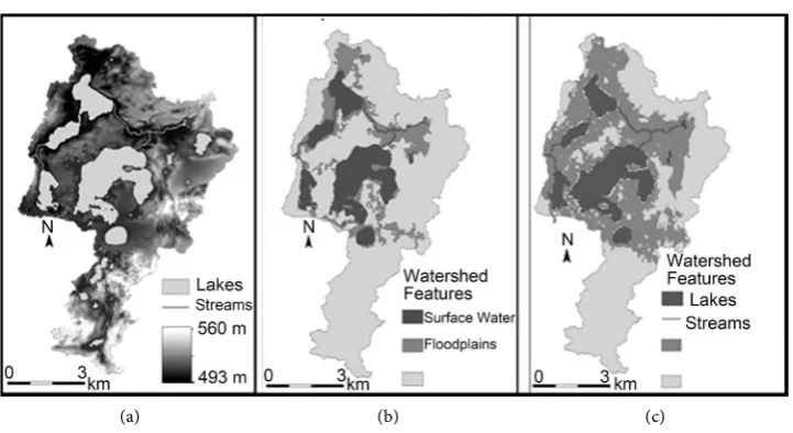 Figure 2. (a) Represents the boundary of the watershed delineated by the standard fill method (SFM); (b) Depicts the surface water and wetlands which are inputs to the potentially; (c) Represents the PCSA method compared to the SFM