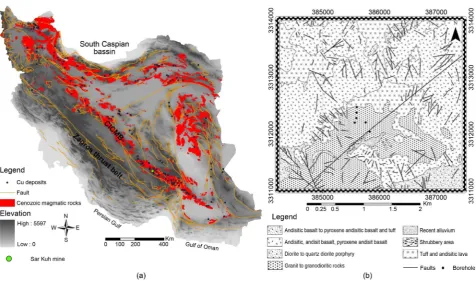 Figure 1. (a) The position of central Iranian cenozoic magmatic belt (CICMB); (b) Simplified geological map of the study area [16]