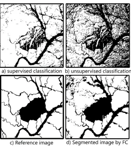 Figure 3 Images produced Using Envi (a-b) and Fuzzy connectedness (d)  and the reference image (c)  