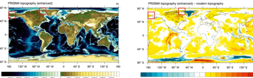 Figure 3. PRISM4 palaeogeography (enhanced) including topography/bathymetry (m) over the ice sheets (left)