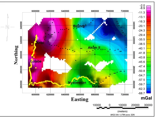 Figure 2. Bouguer gravity anomalies map of the study area with distribution of the measurements stations