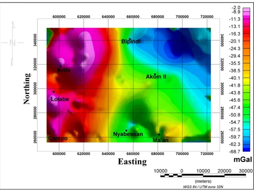 Figure 3 below shows the Bouguer anomaly map of the study area. It reflects lateral variations of density in the basement and shows several anomalies with various values and shapes