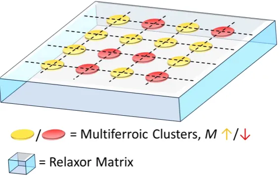 Figure 7. Schematic illustration of a possible ME memory device. An epitaxial BFC-BKT thin-film might be engineered to contain an array of multiferroic clusters within a relaxor ferroelectric matrix