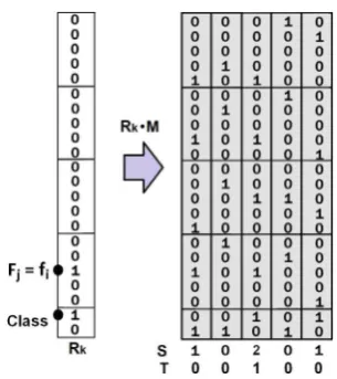 Fig. 3. Diagram showing the feature value row and the class values row excited todetermine co-occurrences (C = c Fj = fi).