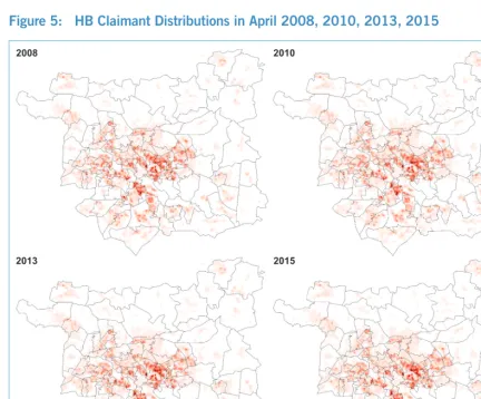 Figure 5:   HB Claimant Distributions in April 2008, 2010, 2013, 2015