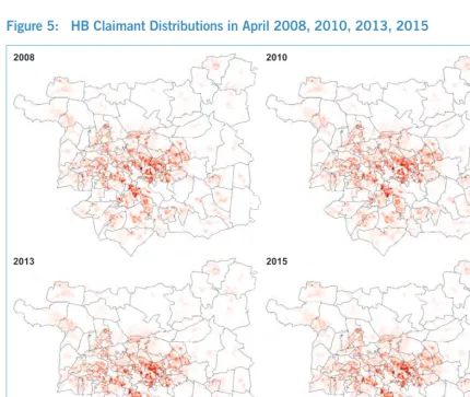 Figure 5:   HB Claimant Distributions in April 2008, 2010, 2013, 2015