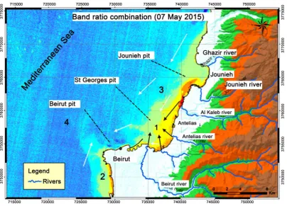 Figure 8. 2/(1+3) band ratio image of the Landsat 8 image from May 7, 2015 emphasizing unique properties pertaining to pollution