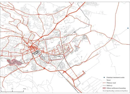 Figure 1. Map showing Nairobi road network, Kibera settlement, and Dandora treatment works