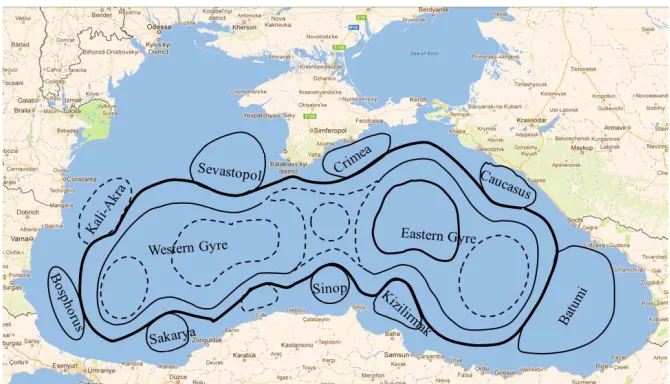 Figure 1. Schematic of the Black Sea surface circulation. The solid lines indicate recurrent features of the general circulation