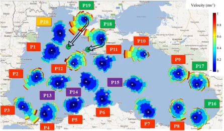 Figure 3. Current velocity roses for the reference points, winter time. 