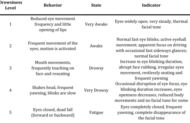 Table 2.1: Drowsiness State Levels and Corresponding Behaviors, States and Indicators 