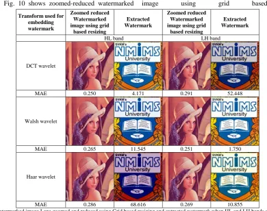 Fig. 10 Watermarked image Lena zoomed and reduced using Grid based resizing and extracted watermark when HL and LH bands are used to embed watermark using DCT wavelet, Walsh wavelet and Haar waveletFrom Fig
