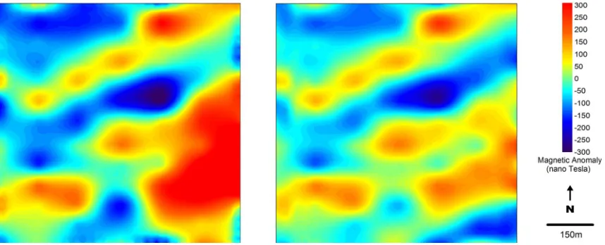 Figure 5. Magnetic anomaly maps of the field data (left) and the theoretical response of the inverse model or the 3D equivalent-layer (right)