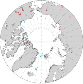 Figure 1: Location of marine (blue) and terrestrial (red) data sites. Marine data sites: 1